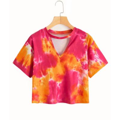 China Wholesale 65%Polyester 35%Cotton Tie Dye V-Cut Neck Tee Anti-Shrink Shorts Sleeve Women's T-Shirt for sale