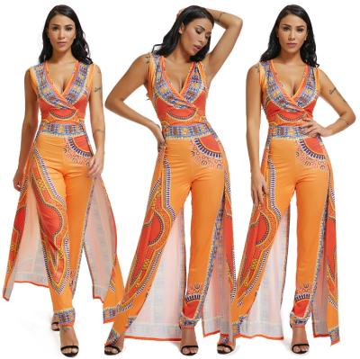 China New Arrival Anti-Static Ladies Fashion African Print Bodycon Pants Deep V-Neck Party Overalls for sale