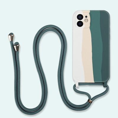 China Anti-fall Cross - Body Liquid Rainbow Silicone Phone Cord Case For iPhone 11 12 Watercolor Silicon Hanging Cover With Rope for sale