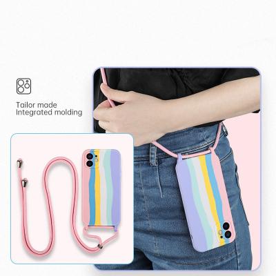 China Anti-drop For iphone 11 12 pro XS Max XR Max 11Pro 12Mini 7 8 plus X Rainbow Strap Stripe Phone Case Shoulder Rope Silicone Cover for sale