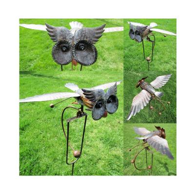 China art & Collectible Home Elephant Eagle Garden Stake Patriot Kinetic with Solar Metal Owl Ornament from Wing Span Kinetic OWL Stake Unique Garden Art for sale