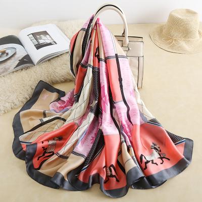 China 2021 Luxury Wholesale Custom Made Matte Square Satin Silk Shawl Silky Feeling Square Scarf Women Print Big Size for sale