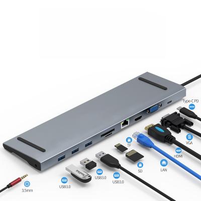 China Aluminum mobile devices .desk computer 10 in 1 usb c hub adapter usb to usb 5gbps type giga rj45 hub witch hub 10 in 1 c for sale