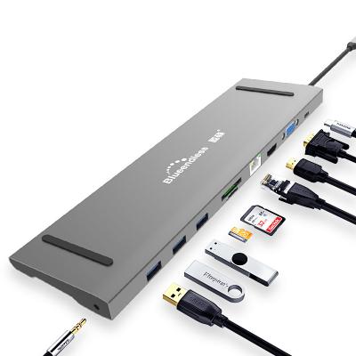 China Aluminum blueendless usb hub 10 ports type c hub adapter with VGA HDTV USB 3.0 10 in 1 USB HUB for sale