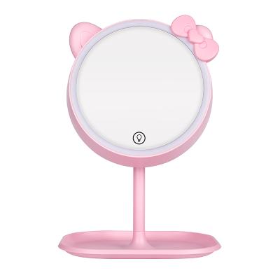 China Personalized Smart Small Circle Pink Sauce Led Lighted Makeup Make Up Vanity Beauty Mirror Bedroom With Led Fill Light Cosmetics Vanity for sale