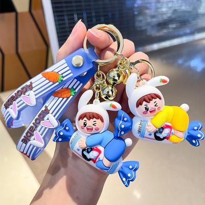 China Custom PVC 3D Key Chain Emulational Rabbit Rolls Silicon Key Chain 3D White Cute Rubber Key Chains for sale