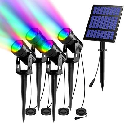 China Garden 4 Pack Solar Spotlights RGB Landscape Lights Color Changing Low Voltage Outdoor Solar Spotlight IP65 Waterproof 9.8ft Cable Auto for sale