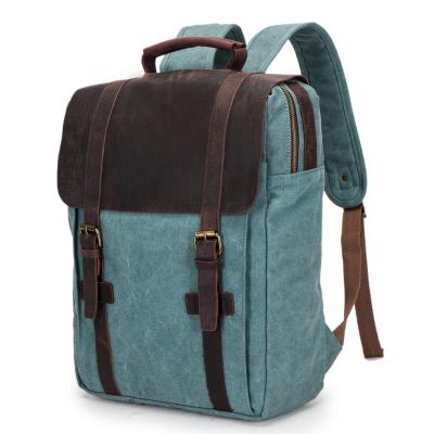 China High Quality Vintage Crazy Horse Leather 16OZ Washed Canvas Backpack With Leather Trim, Vintage Canvas Laptop Backpack for sale