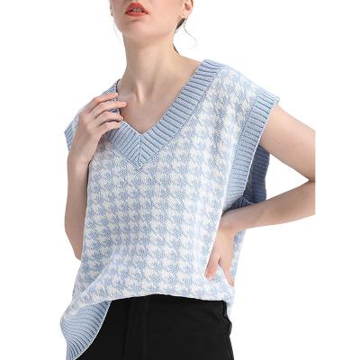 China Anti-pilling Cyalaa New Style 2021 Hot Casual Houndstooth Knit Vest V-neck Loosen Contrast Color Customization Design Sweater for sale