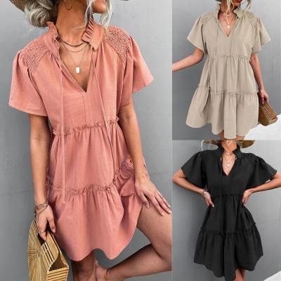 China Cyalaa Wholesale YM167 Women Summer Fashion Cocktail Dress V Neck Breathable Short Sheath A Line Ruffle Edge Plain Vacation Dress for sale