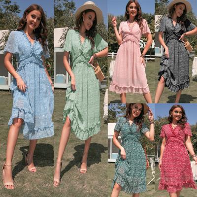 China Cyalaa-Factory Supply YM127 Customizable V-Neckline Casual Short Sheaths Long Floral Dress Loose Ruffle Sundress for sale