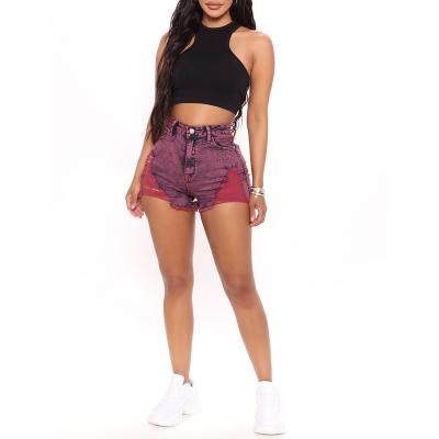 China Cyalaa YM097 Viable Women's Red Wine Casual Short Jeans Rise Denim Shorts Mid Stretch Ripped Raw Edge Jean Shorts for sale