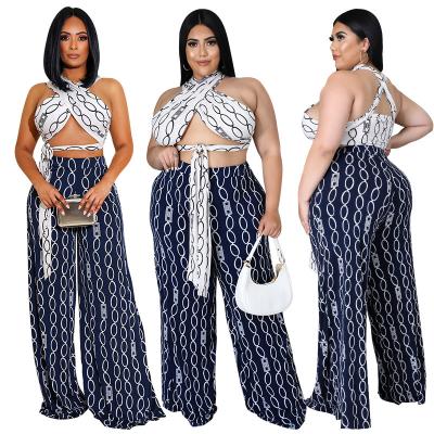 China Cyalaa YM186 Breathable Women Plus Size 2pcs Fashion Sets Casual Hater Sleeveless Top And Wide Leg Panty 2 Piece Set for sale