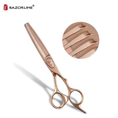 China Golden Hair Scissors Large SUS440C Stainless Steel Fancy Thinning Barber Hair Thinning Scissors Rose Gold Thinner Customized Available for sale