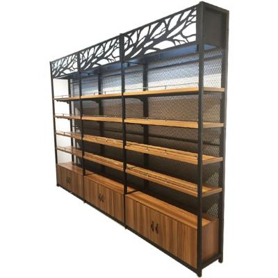 China Convenience Storage Shelving Display Rack Single Sided Metal And Wood Shelf Wine Rack In China for sale