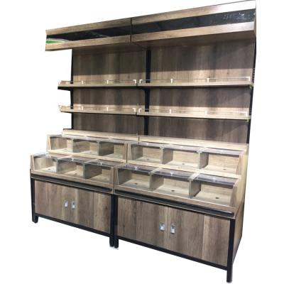 China Grain Display Stand Bulk Goods Shelf Stainless Steel Single Sided Wooden Display Rack for sale