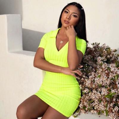 China 2021 Summer V-Neck Bodycon Women's Washable One-Piece Dresses Spring Casual Bright Color Short Sleeve One-Piece Dresses for sale