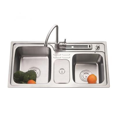 China Without Pulled Faucet SUS 304 Press Stainless Steel Drop In Round Waste Bin Double Bowl Kitchen Sink for sale