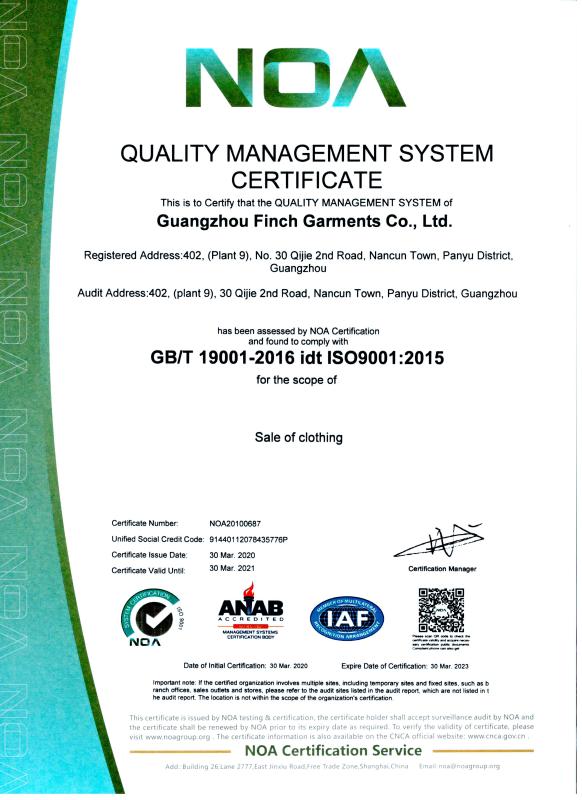 ISO9001 - Guangzhou Finch Garments Co., Ltd.