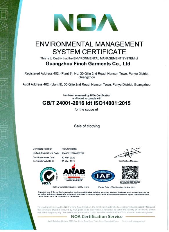 ISO14001 - Guangzhou Finch Garments Co., Ltd.