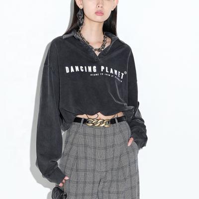 China Plus Size Letter Print Lapel Custom Women's Casual Short Sweatshirt Crop Top Long Sleeve Casual Crop Top Women for sale