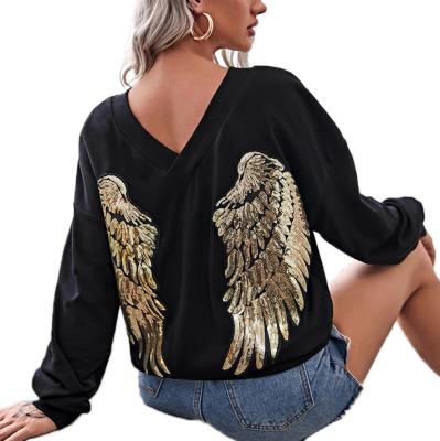 China black sequin Upper Wing Back Sequined V-Neck Pullover Anti-Wrinkle Luxury Loose Drop Double Shoulder Sweatshirt for sale