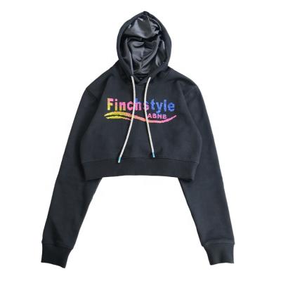 China high quality Anti-wrinkle finch garment colorful rhinestone hoodies sleeve long cropped fashion women rhinestone upper satin striped hoodie for sale