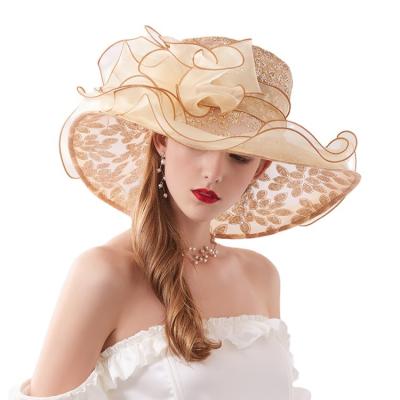 China New Eaves European and American style K401 wide yarn hat sequins flower sun hat summer female beach protection chiffon net hats for sale