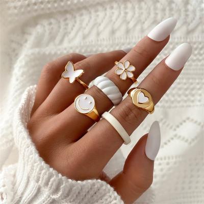 China K273 TRENDY Vintage Heart Smile Rings Set For Women Love Enamel Ring Set Cute Butterfly Finger Rings For Girls Jewelry Gifts Ins Style for sale