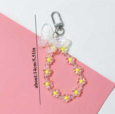 China A244 Pretty Gift Fashionable Transparent Butterfly Flower Key Chain Pearl Lanyards Cell Phone Chains For Women Car Keys Bag Decor Pendant for sale