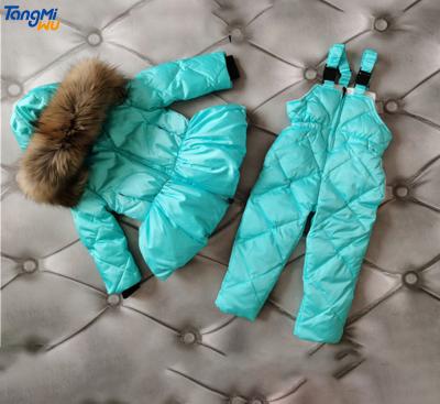 China Hooded white duck jacket TMW down waist stripper ski suit zipper wholesale plus winter full down filled kids ski suit for sale