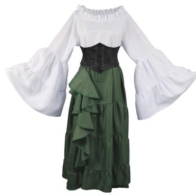 China 2021 New Fashion Polyester Green White Medieval Dress For Women Cosplay Girl Halloween Party Costume for sale