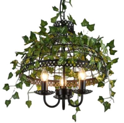 China Retro Minimalist Green Plant Chandelier Iron Birdcage Hanging Metal Light Candle Pendant Light for sale