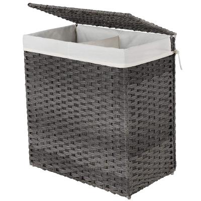 China Eco-friendly Durable Folding Laundry Hamper With Lid Big PP Rattan Clothes Hamper With 2 Removable Liner Bags for sale