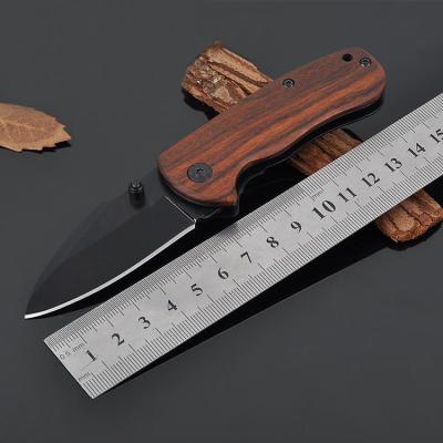 China Screw Release Popular Wood Handle Small Pocket Knife Folding Outdoor Knife With Black Coating Blade for sale