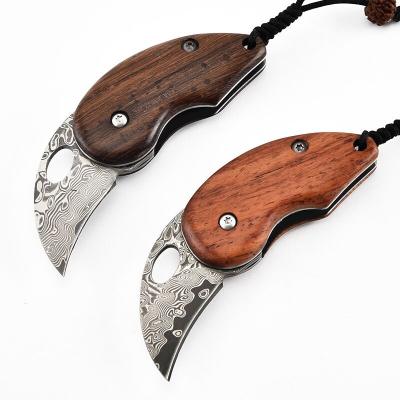 China Mini Screw Release Damascus Pocket Knife Collection Steel Folding Outdoor Knife With Wood Handle for sale