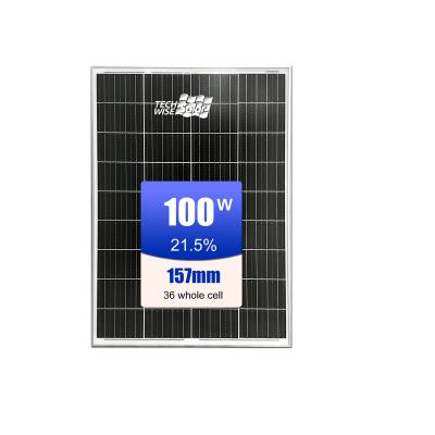 China Techwise Hot Selling High Efficiency 36 Whole Cell 100w 157*103mm Monocrystalline Solar Panels for sale