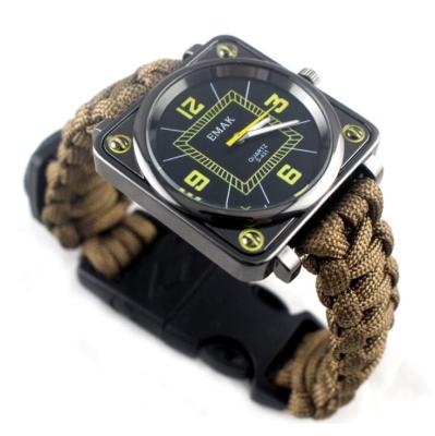 China Outdoor Watch+Compass+Whistle+Fire Starter Scraper Survival Bracelet Watch,Men Women Emergency Survival Watch with Whistle Fire Starter Compass for sale