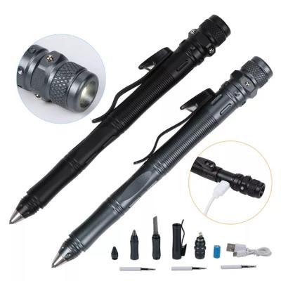 China Self-defense Outdoor Multi Pen Tool Survival EDC USB Rechargeable Camping Tactical Pen with LED Flashlight Knife Breaker Tactital Glass Pen 4 for sale