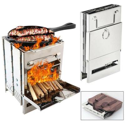 China Cheap Burning Stove Folding Stainless Steel Stove BBQ Grill Mini Camping Wood Stove Portable for sale