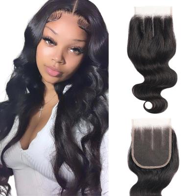 China Natural Brazilian Wave 10A Virgin Lace Closure 4X4 Body Wave Hair Closure Bleached Middle Free 3pcs Knots Closures for sale