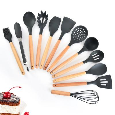 China 12 Pcs Sustainable Best Selling Silicone Cooking Tools With Storage Bucket Kitchen Utensils With Wooden Handle for sale