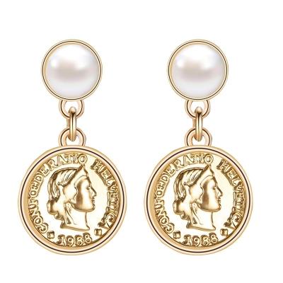 China Romantic/Sweet/Fashion/Vintage Personalized Brass Metal Coin Head With Retro Pearl Earrings for sale