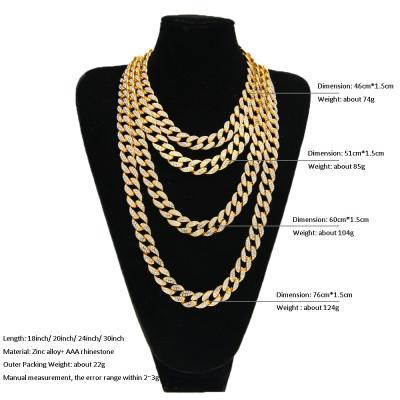 China Hiphop factory directly sells fashionable full diamond 15mm alloy all-match jewelry necklace hip-hop cuban chain for sale