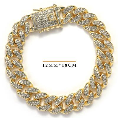 China Hiphop Designer New Factory Fashion OL Hot Selling Men's Diamond Rhinestone 12mm Plating Cuban Bangle Bracelet for sale