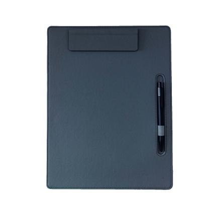 China Multifunction; Professional PU Leather A4 Paper Office Magnetic Notepad With Magnet Pen Holder Gray Clipboard for sale