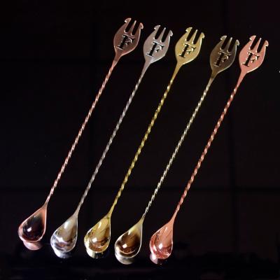 China Viable Stainless Steel Cocktail Spoon Spiral Pattern Tea Drop Mixing Spoon Threaded Cocktail Stick Stir Spoon Bar Tool Bartender for sale