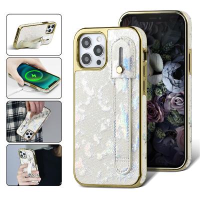 China ONEGIF Logo Leather Wristband Custom Shockproof PU Plating Phone Case Luxury For iPhone 14 Phone Case Leather Cover for sale