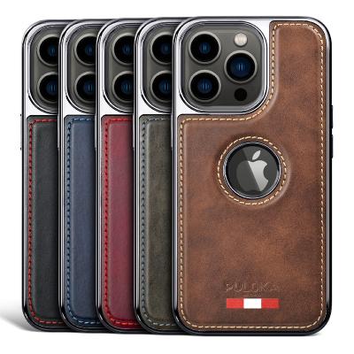 China PULOKA Shockproof High Quality Premium Leather Case For Apple iPhone 14 Case Leather Print Logo Phone Cover Case for sale