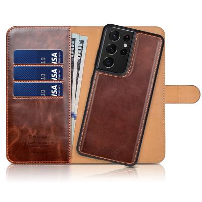 China PULOKA Leather Detachable Shockproof Card Holder Cell Phone Case For Samsung S21 Ultra Wallet Phone Case for sale